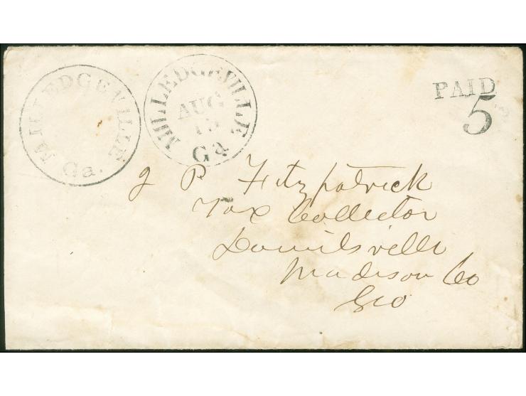 Postmasters` Provisionals: Milledgeville GA, 5 c black entire, Type I, provisional "Paid 5" marking at upper right with contr