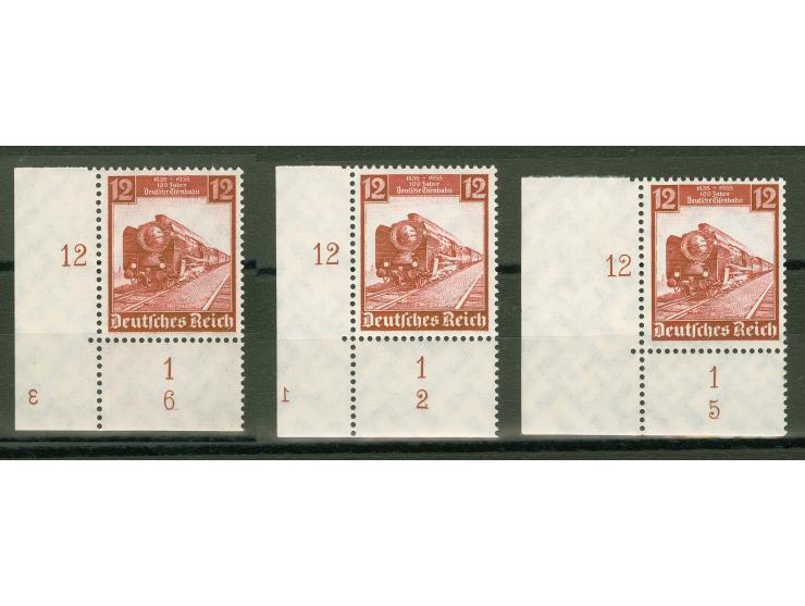 1935, 100 Jahre Deutsche Eisenbahn 12 Pfg., drei Eckrandstücke mit Formnummern 2, 5 und 6, zwei mit Plattennummer “1” bzw. “3