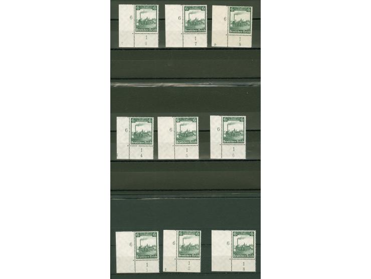 1935, 100 Jahre Deutsche Eisenbahn 6 Pfg., 9 Eckrandstücke mit Formnummern “1” bis “8”, davon drei mit Plattennummer, Formnum