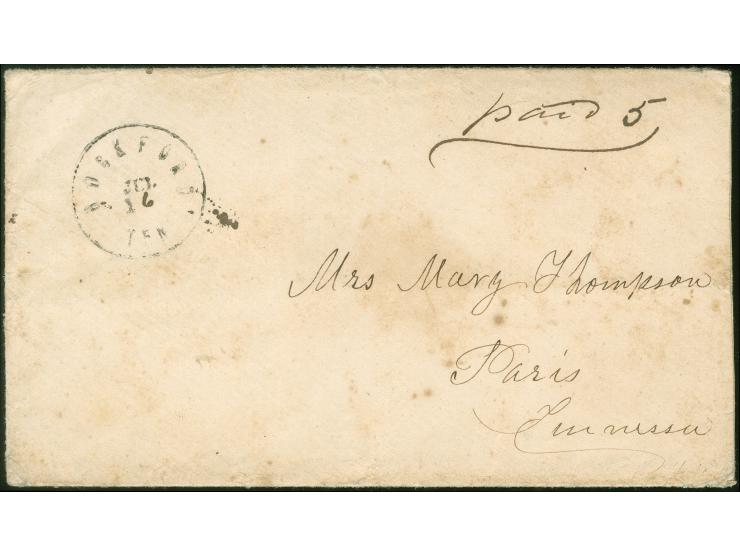 ROCKFORD TEN. JUL/16 and ms. "Paid 5" alongside on stampless cover, addressed to Paris Tennessee, few spots, otherwise fine. 