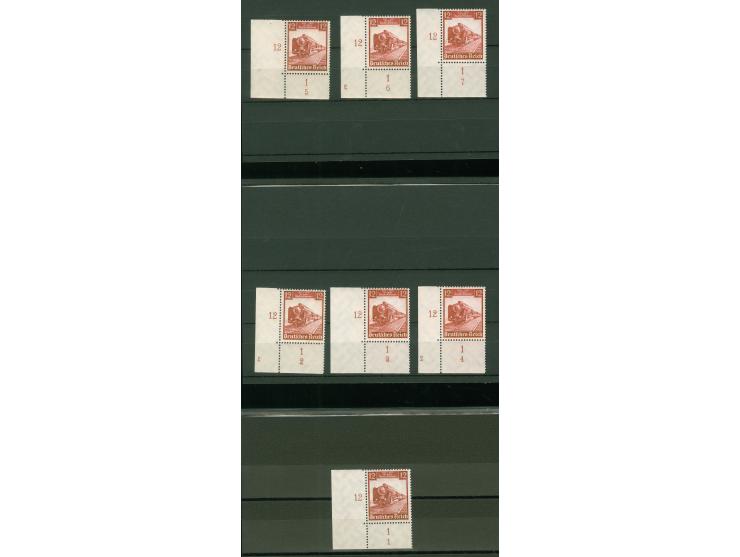 1935, 100 Jahre Deutsche Eisenbahn 12 Pfg., sieben Eckrandstücke mit Formnummern “1” bis “7”, drei mit Plattennummer “1” bzw.