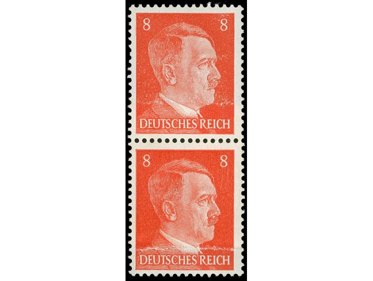 1941, Hitler 8 Pfg., senkrechtes Paar auf geklebter Papierbahn, postfrisch, obere Marke links leicht unregelmäßig gezähnt und