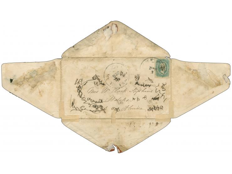 1863, Turned and Reused: Jefferson Davis 10 c. blue tied to reused cover by LAKE CITY FLA DEC/3 cds. to Welaka Fla. The cover