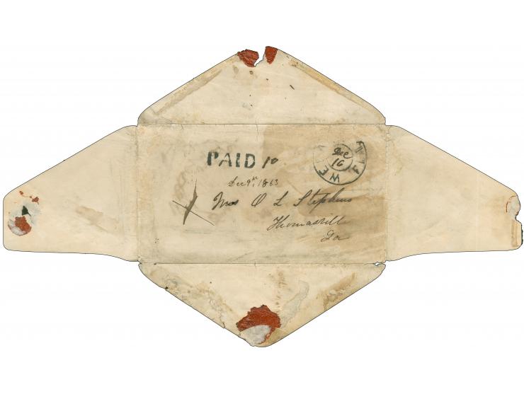 1863, Turned and Reused: Jefferson Davis 10 c. blue tied to reused cover by LAKE CITY FLA DEC/3 cds. to Welaka Fla. The cover