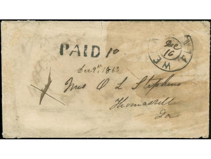 1863, Turned and Reused: Jefferson Davis 10 c. blue tied to reused cover by LAKE CITY FLA DEC/3 cds. to Welaka Fla. The cover