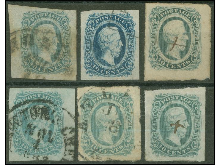 1863/64, 10 c. blue six stamps each clear cancelled showing different colors and papers, all full to wide margins, fine group