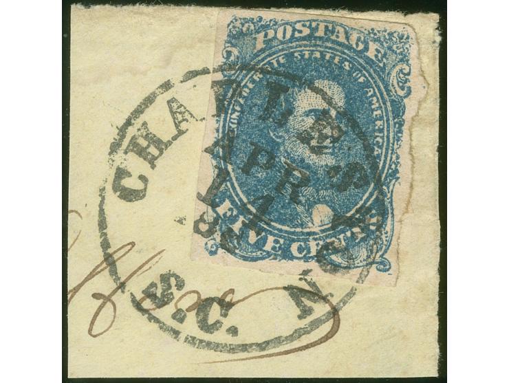 1862, 5 c. blue clear cancelled "CHARLESTON APR/14 1862" on piece, full to wide margins on all sides rough separated, very fi