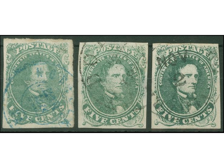 1861, three stamps Jefferson Davis 5 c green, light green and dark green, all light and clear cancelled with diferent papers,