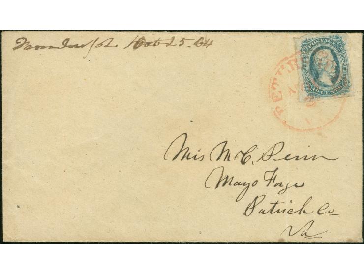 1863, 10 cent blue good margin single tied by red ´Petersburg Nov/25, Va.´ cds. on cover to Patrick Co. Va., cover very fine.