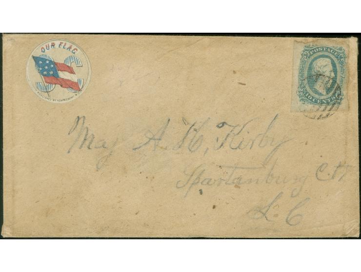 1863, 10 cent blue single, tied by grid cancel to cover addressed to Spartanburg, S.C.; multicolored adhesive label with mult