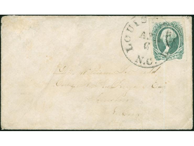 20 c. blueish green, huge margins, tied by "Louisburgh APR/6" circular datestamp to small cover to S.Ca., very fine.
