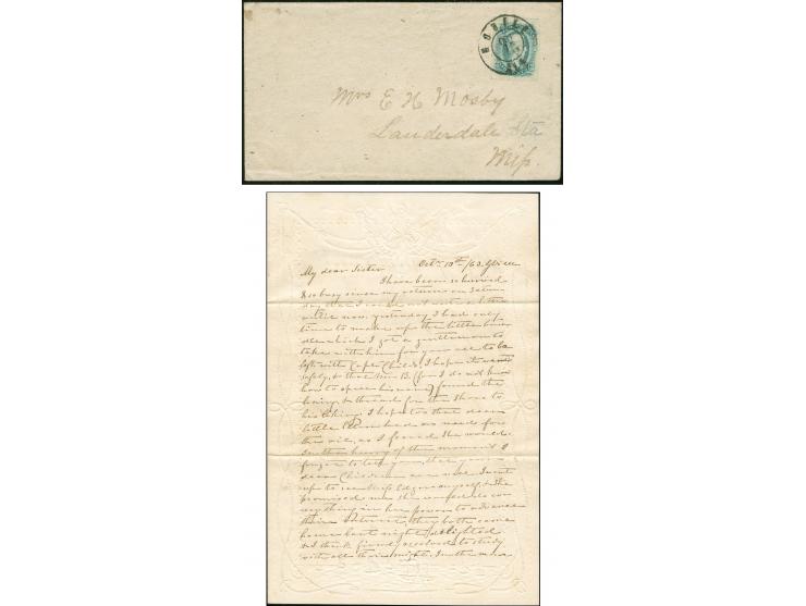 1863, 10 c. greenish-blue with wide margins tied to envelope by MOBILE OCT/15/1863 cds. addressed to Lauderdale Miss. inside 