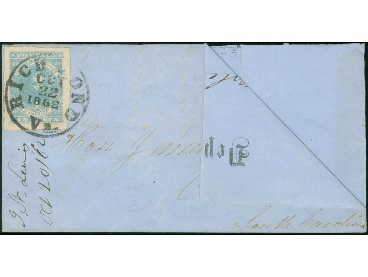 1862, 10 c. light blue, Paterson. Large margins all around, tied by "Richmon d Va. OCT/22 1862" circular datestamp to cover, 