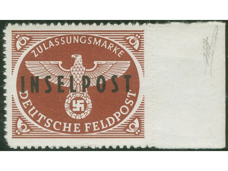1944, Rhodos schwarzbräunlichrot, rechtes Randstück, farbfrisch, postfrisch, Falzspur im Rand, bis auf einen kleinen Trennung