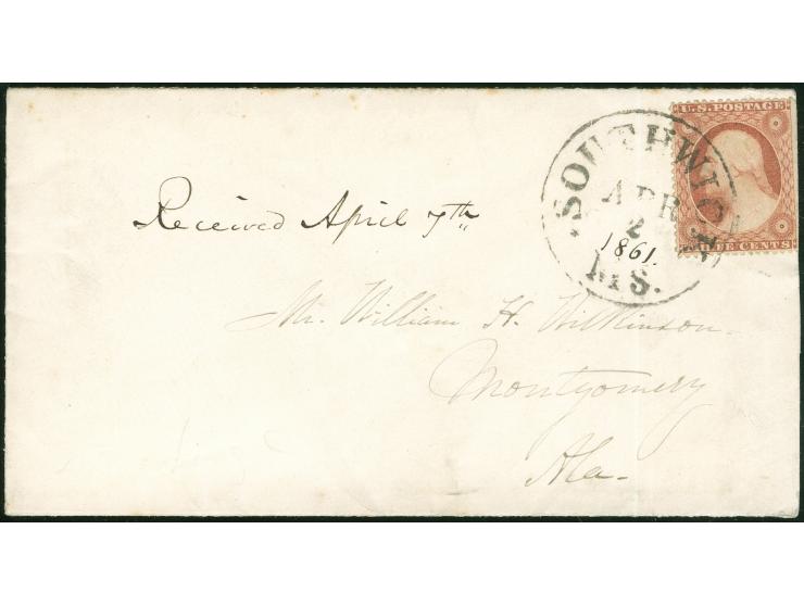 1861, Confederate State Usages of U.S. Stamps: SOUTHWICK MS. APR/2 ms. 1861 on cover bearing G. Washington 3 c. red-brown, ad