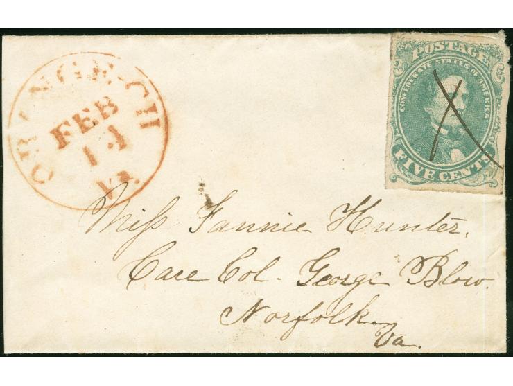 1862, 5 cent green, Stone 2 (Scott 1), four margins, tied by manuscript ´X´ on a cover, postmarked red-orange Feb 14 Orange C