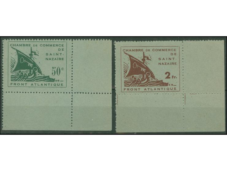 1945, Handelskammer 50 C.- 2 Fr., untere rechte Bogenecken, ohne Gummi, 50 C. mit kleinem Tintenfleck in der Mitte des Marken