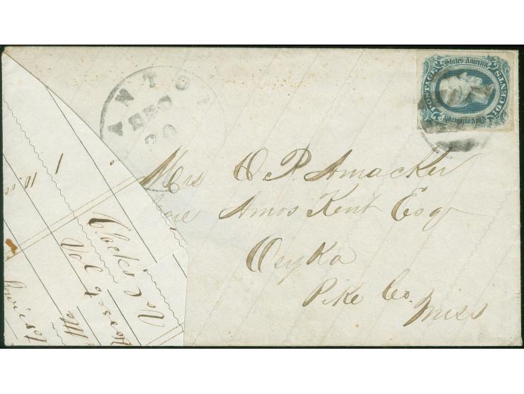 1863/64, 10 c. blue, good margins all around, tied by cork grid to cover made from listing sheet with ms. ‘Clocks, Bows, Pist