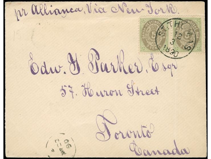 1876/93, 5c green &amp; grey, horizontal pair, tied to cover from St. Thomas , endorsed “pr. Allianca, via New York”, to Toro