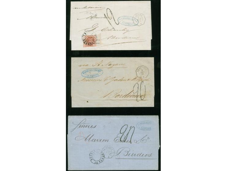 1867/75, 3 entire letters from La Guayra to France, one part paid by 1873/76, 1 r., the other two unpaid with different taxes