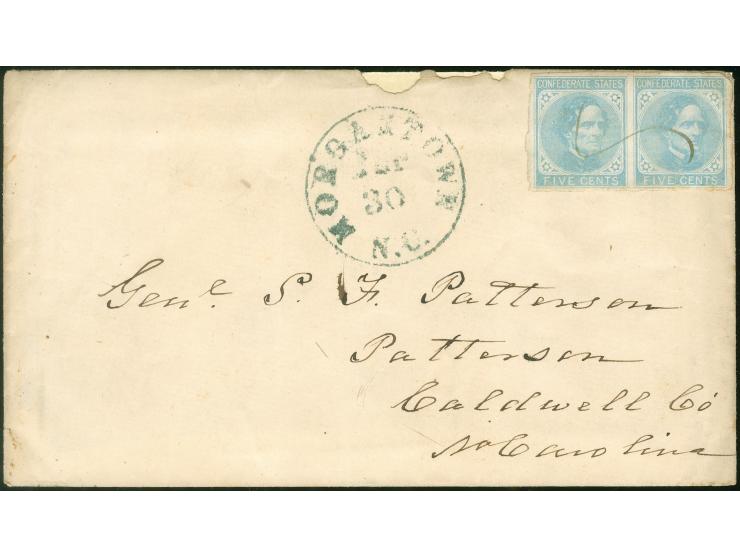 1862, J. Davis pair 5 c. light blue with ms. cancel, ‘Morgantown N.C. Mar/30’ blue cds. alongside, addressed to ‘Gen. S.F. Pa