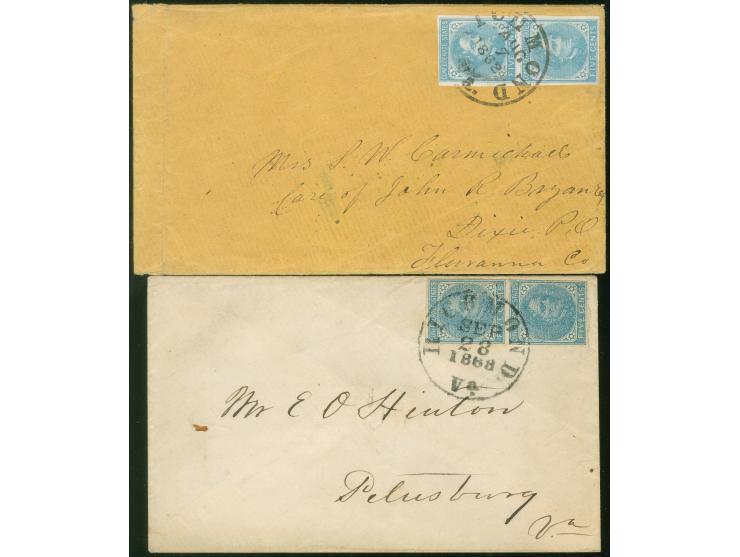1862/63, J. Davis two vertical pairs 5 c. light blue and blue, each tied by RICHMOND Va. cds. to cover, different printings, 