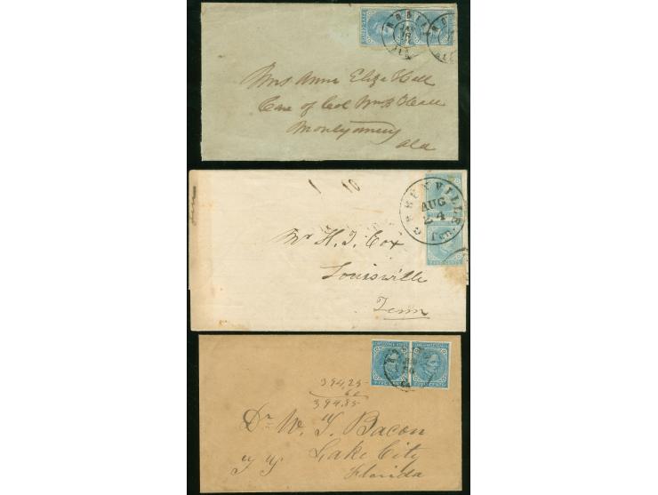 1862/63, J. Davis two vertical pairs and one horizontal pair 5 c. blue, each tied by Mobile and Greenville cds. to cover, dif
