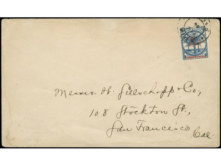 1893, Surcharge 5 d. on 4 d. blue, tied by black "APIA FEB. 28" to cover to San Francisco with arrival mark, cover edges slig