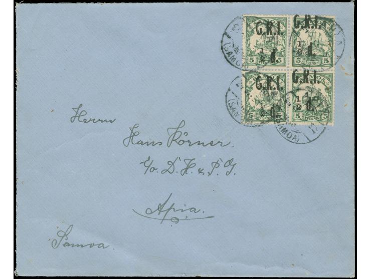 ½d. on 5 pfg., block of four, fresh color and mostly good perforation, tied by cds. “APIA” to local cover, upper right stamp 