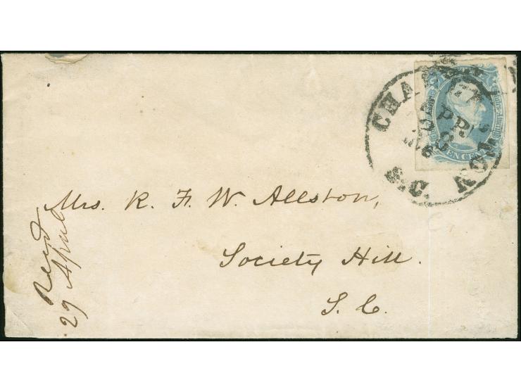 1863, 10 c. milky blue, "TEN" large even margins all around, tiny torn at left margin, lovely Milky Blue shade, tied by bold 