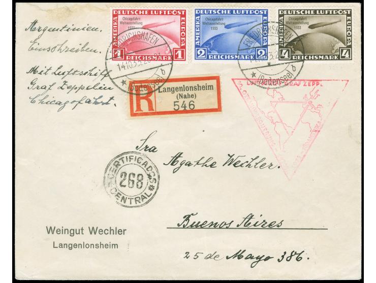 1933, Chicagofahrt 1 - 4 M. kpl. auf Zeppelin-R-Brief nach Buenos Aires. Umschlag oben etwas fleckig.
