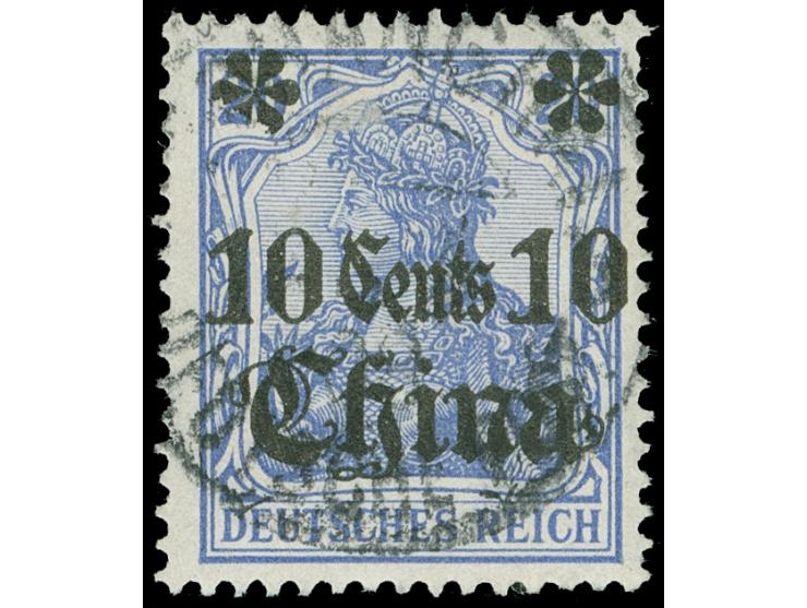 1905, 10 C. auf 20 Pfg. mit Aufdruckfehler ‘linke Rosette beschädigt’, sauber gestempelt. Ein kurzer Zahn. Signiert R. Steuer