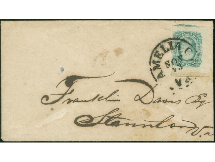 1863, 10 cent greenish-blue, upper left sheet corner margin (large margin into bottom stamp and closed at right), tied by nea