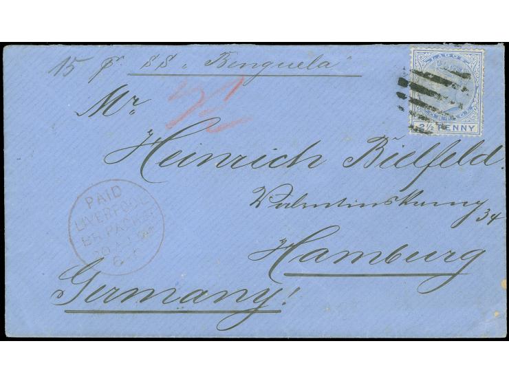 1887/1902, 2½ p. ultramarine, tied to cover from "LAGOS&nbsp;JY 19 94" to Germany, showing on front red "PAID&nbsp;LIVERPOOL&