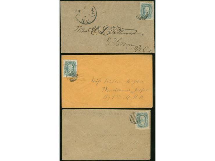 1863, 10 cent blue. 3 covers with army target and barred cancels, various towns, few flaws, fine appearance.
