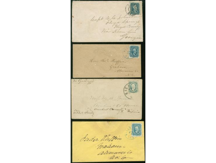 1863, 10 cent blue. 4 covers showing different colours and papers, various towns Hillsboro, Richmond and Macon, ms. ‘Via Lync