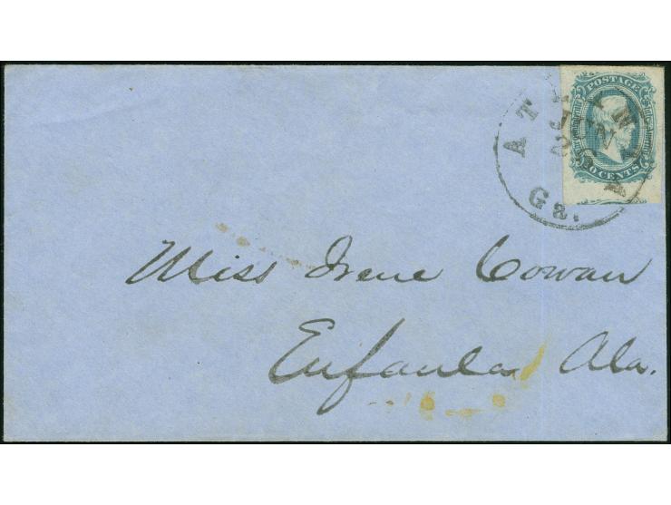 1863, 10 cent blue, jumbo margins all around showing part of bottom stamp, tied nicely stuck Atlanta, Ga. JUN/26 cds. on blue
