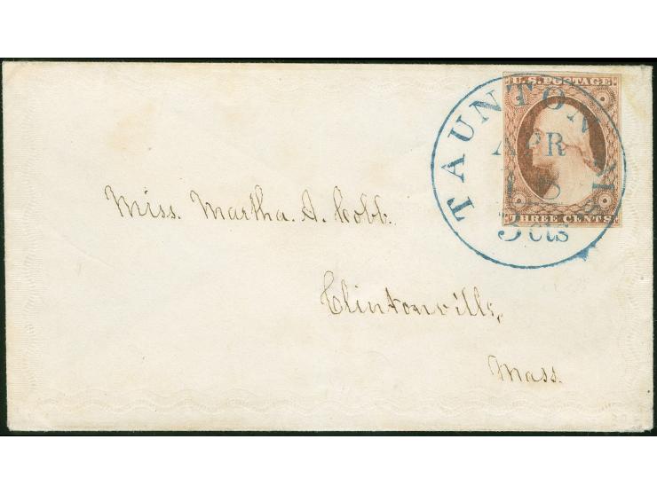 1851/56, 3 c. dull red good margins to just in at left, tied by well-struck "Taunton Ms. 3cts. Apr./18" integral-rate circula