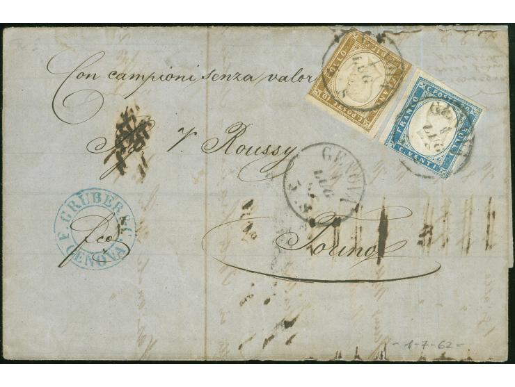 1862, 10 c. olive-brown and 20 c. blue, each slightly touched on one side tied to parcel letter “Con campioni senza valor” (c