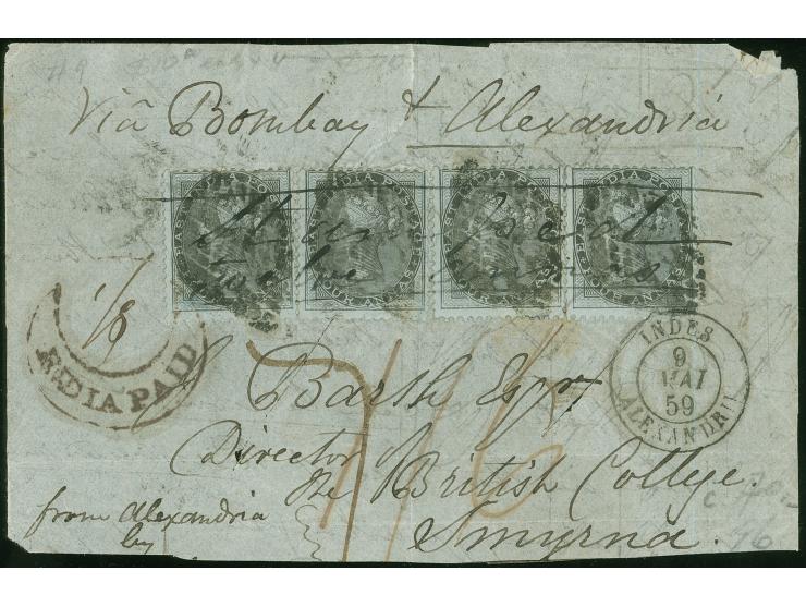 1859, 4 a. black on bluish, 4 stamps tied to cover front by points in diamonds and ms. pen cancel, usual perforation, route m