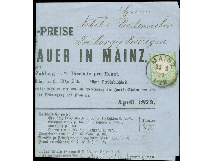 1 Kr. grün mit klarem EKr. "MAINZ 25 3 73" auf kompletter Preisliste, adressiert nach Freiburg.