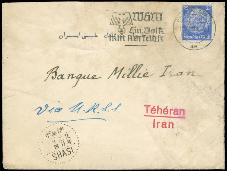 1933, Hindenburg 25 Pfg. mit WHW-Maschinenstempel "BERLIN SW11 20.10.38" auf Briefkuvert der iranischen Botschaft mit Leitver