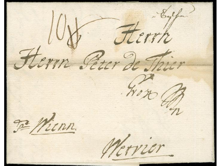 1768, "Caschau", handschriftlicher Aufgabevermerk auf komplettem Faltbrief nach Verviers, Belgien, Porto von "6" Kreuzern in 