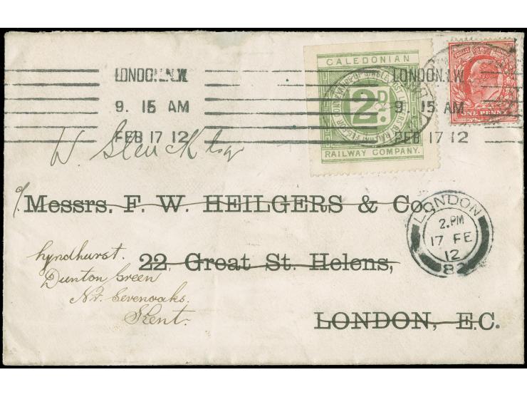 1912, Caledonian Railway Company 2 d. green with Edward 1 d. on cover to London and re-directed to Kent