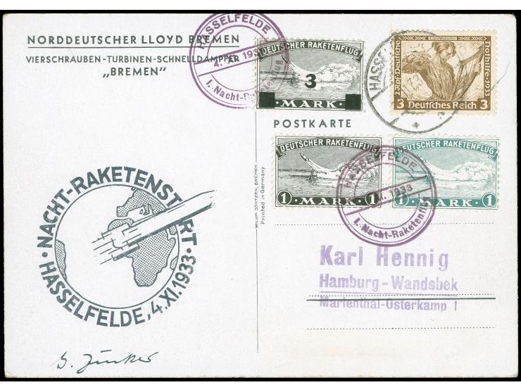 1933, Nachtraketenstart 4.11., Karte mit Frankatur EZ Nr, 3A1a, 2, 3 sowie Wagner 5 Pfg. mit Stempel "HASSELFELDE 4.11.33" so