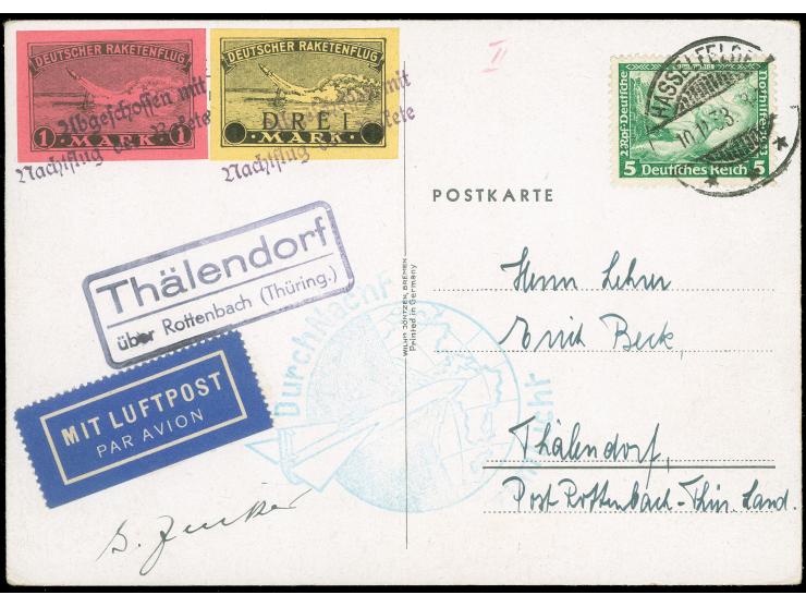 Nachtflugvignetten 1 und 3 M. sowie Wagner-Zusatzfrankatur auf Karte "HASSELFELDE 10.11.33", mit Signatur Zucker, (EZ-Nr. 5C1