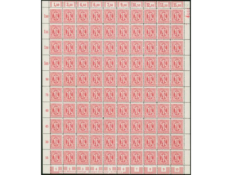 AM POST 15 Pfg. karminrot, gez. 11½:11, Papier z, kompletter Bogen mit roter vierstelliger Bogenzählnummer 7921, die letzte Z