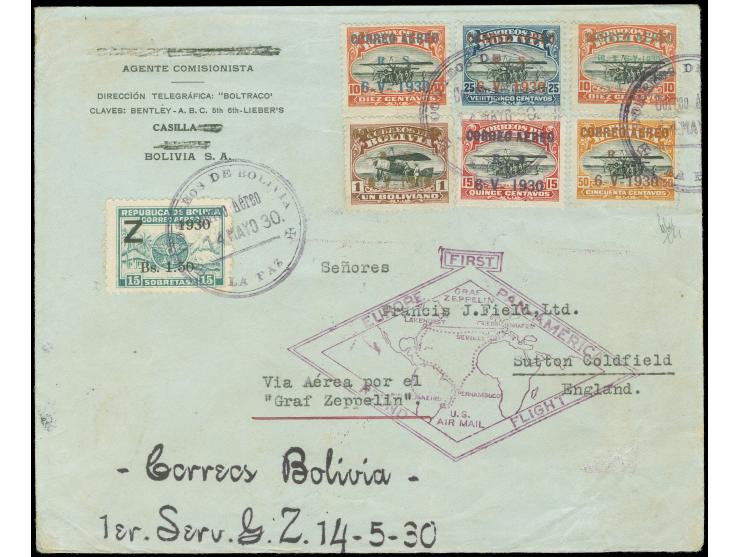 1930, Südamerikafahrt: Bolivien-Post: Brief mit Zeppelin 1,50 Bol. sowie den Sonderflugmarken 5 Cts. auf 10 C.-1 Bol., dabei 