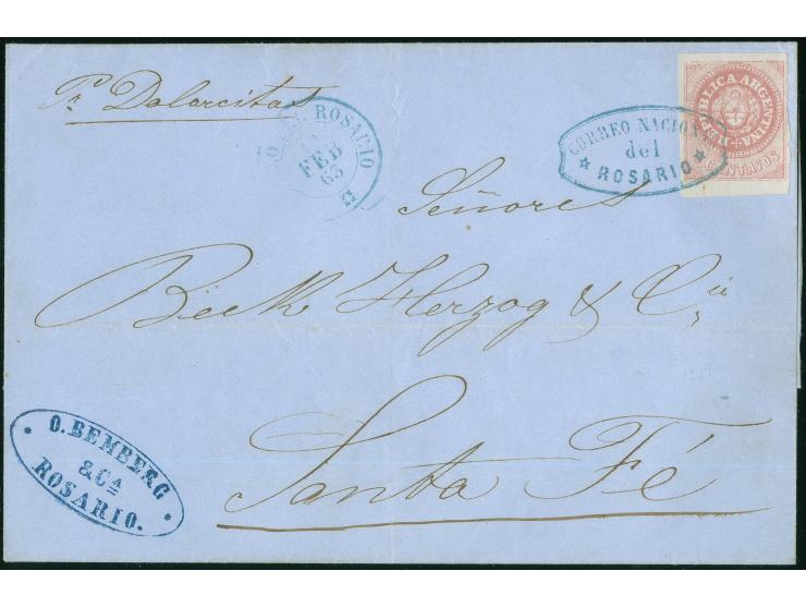 1863, Escuditos 5 c. rose-lilac, with accent, a fine example with good to large margins all round, used on 1863 cover to Sant