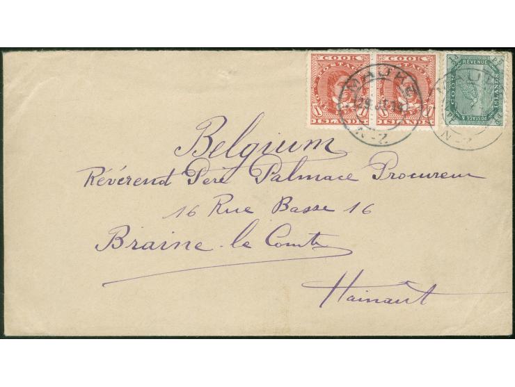 1902, Queen Matea Takau pair 1 d. red-brown and ½ d. green tied to 1914 cover by "Mauke/N-Z 2/ JE 14" cds., on reverse transi